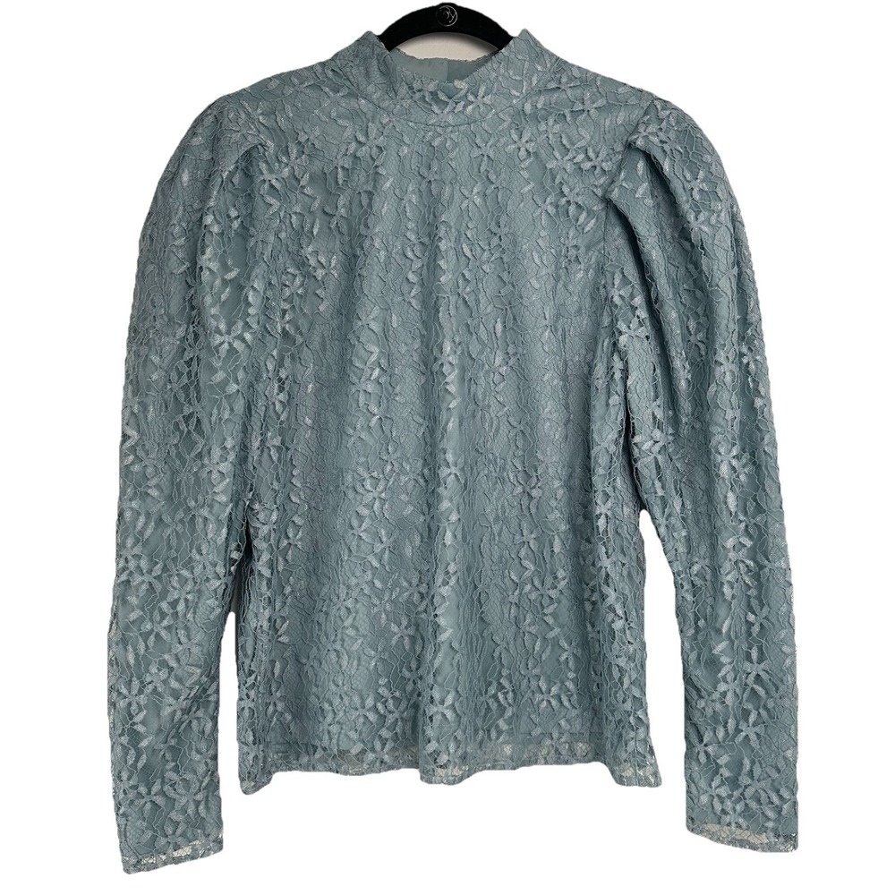 WAYF Lace Top Size Large‎ Blue Floral Puff Sleeve Coquette Casual Office